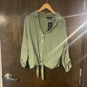 Green Button-Up Blouse with Tie Front